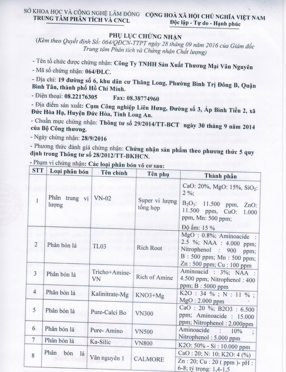 Phụ lục chứng nhận