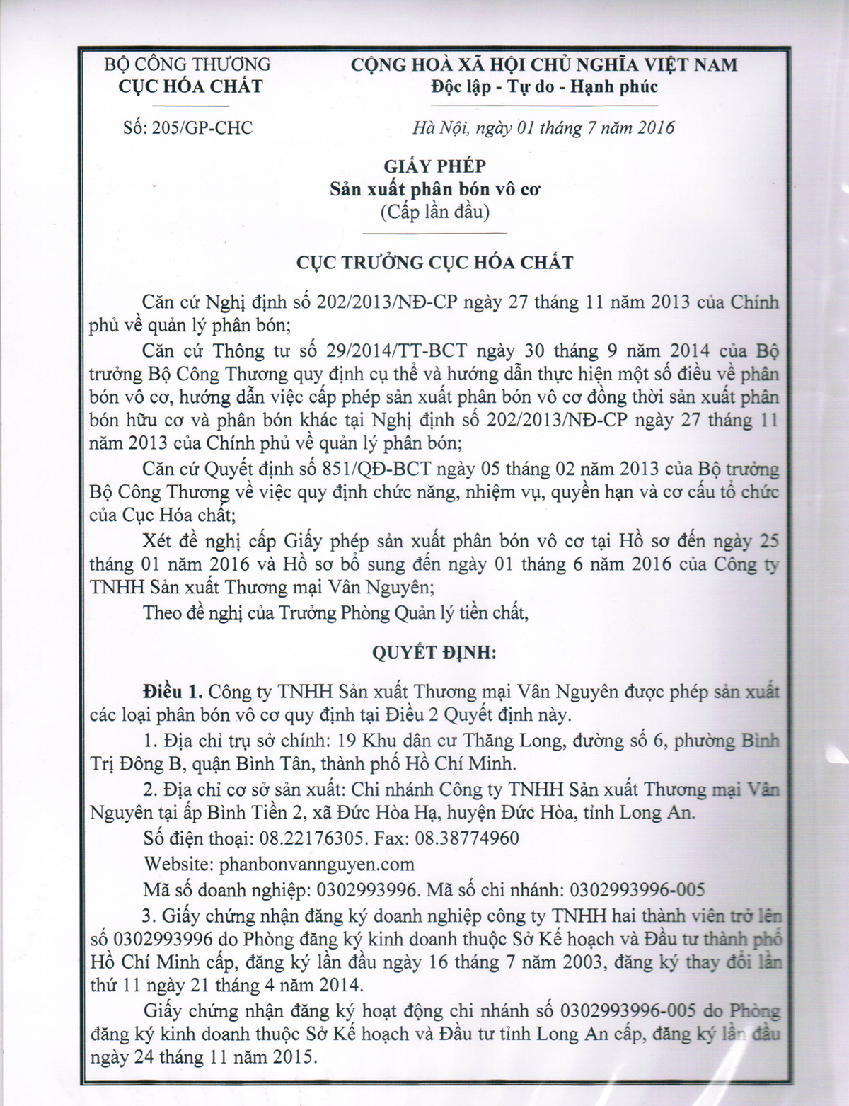 Giấy phép sản xuất phân bón vô cơ