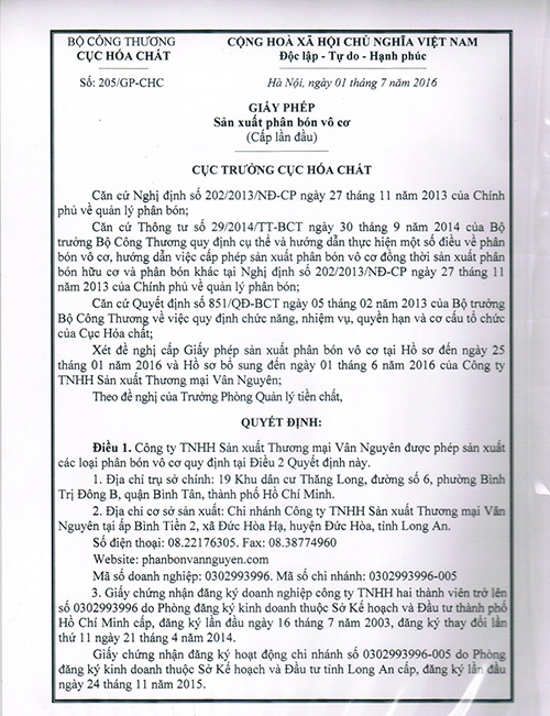 Giấy phép sản xuất phân bón vô cơ