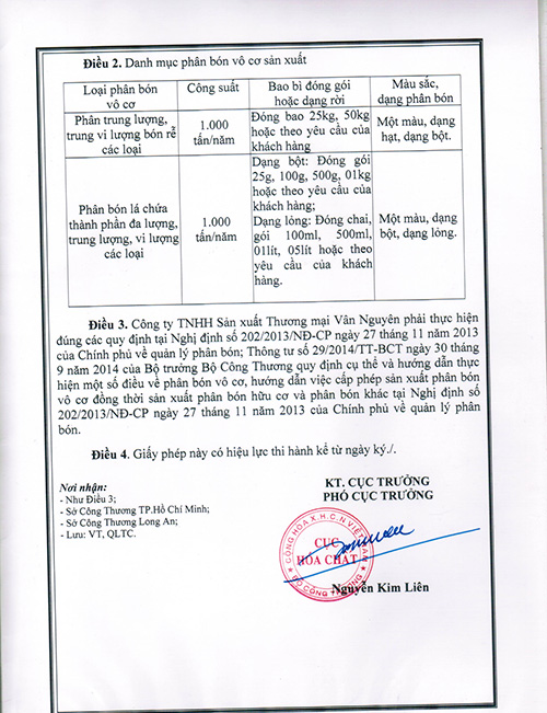 Giấy phép sản xuất phân bón vô cơ